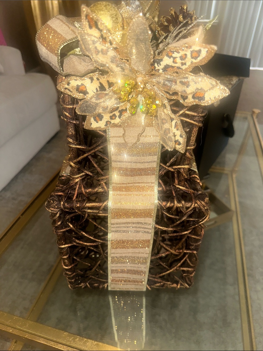 Elegant Gold and Brown wood Woven Decor Christmas gift box w/ Leopard Poinsetti